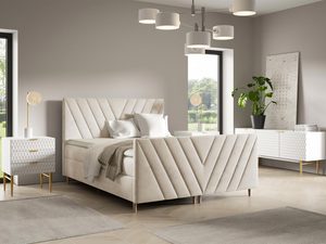 Miniaturka 2 - Luksusowe łóżko tapicerowane w beżowym kolorze z eleganckim pikowaniem