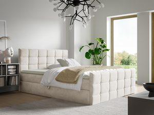 Miniaturka 5 - Luksusowe łóżko tapicerowane w kremowym kolorze z pikowaną ramą