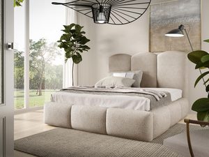 Miniaturka 2 - Beżowe łóżko o zaokrąglonych kształtach i trójdzielnym zagłówku w minimalistycznej sypialni.
