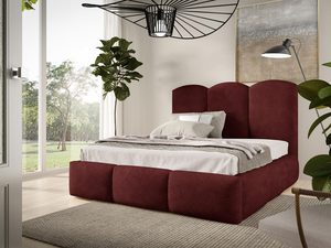 Miniaturka 3 - Bordowe łóżko tapicerowane w stylu glamour z tekstylnym wykończeniem i jasną narzutą.