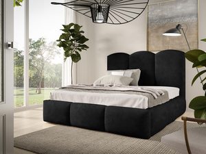 Miniaturka 4 - Czarne łóżko tapicerowane z wysokim, miękkim zagłówkiem, loftowy klimat sypialni.