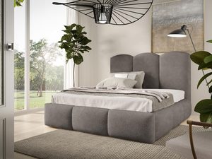 Miniaturka 5 - Jasnobrązowe łóżko z tekstylnym wykończeniem i prostym, nowoczesnym zagłówkiem.