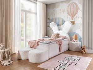 Miniaturka 10 - Kremowe łóżko dziecięce z puszystym zagłówkiem i miejscem do zabawy