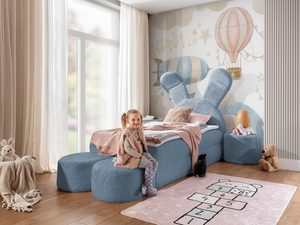 Miniaturka 7 - Błękitne łóżko dziecięce z zagłówkiem z uszami i pufą