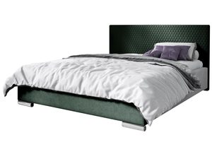 Miniaturka 2 - Zielone łóżko z wyraźnie tapicerowanym zagłówkiem, białe prześcieradło.