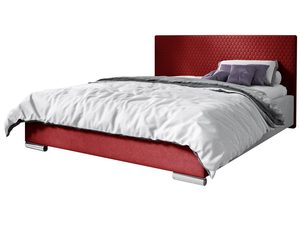 Miniaturka 4 - Czerwone łóżko z prostą ramą i jasną narzutą.
