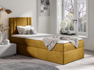 Miniaturka 5 - Musztardowe łóżko z wysokim zagłówkiem w eleganckim salonie sypialnianym