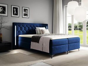 Miniaturka 2 - Klasyczne łóżko tapicerowane w granatowym kolorze z prostym zagłówkiem