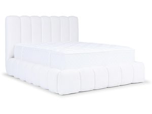 Miniaturka 20 - Białe łóżko tapicerowane w całości, z miękkim zagłówkiem i bokami, w minimalistycznym stylu.