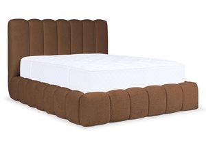 Miniaturka 9 - Brązowe łóżko z tkaniną w stylu retro i szeroką ramą.