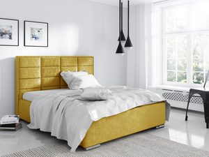 Miniaturka 3 - Żółte łóżko z tkaninowym zagłówkiem, ozdobne poduszki.