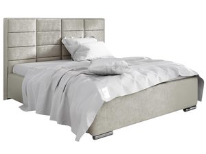 Miniaturka 1 - Beżowe łóżko z tapicerowanym wezgłowiem, elegancka sypialnia.