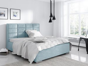 Miniaturka 5 - Błękitne łóżko z pikowaną tapicerką i białą narzutą.