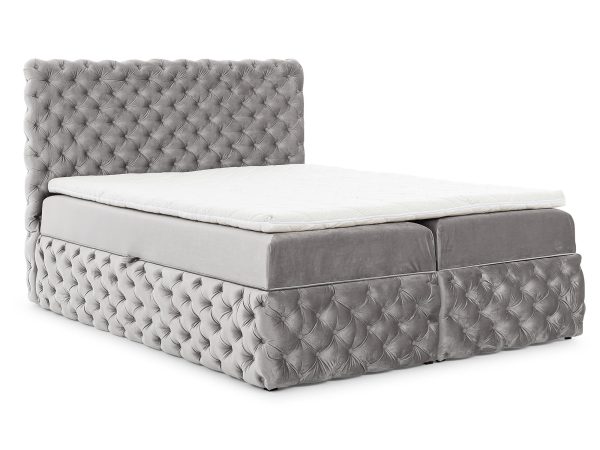 Łóżko tapicerowane pikowane, jasno szare, styl glamour