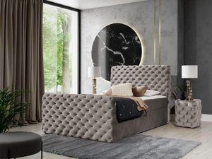 Miniaturka 6 - Łóżko tapicerowane z przeszyciami, beżowe, styl loftowy