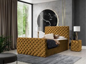 Miniaturka 10 - Łóżko tapicerowane z przeszyciami w kolorze musztardowym , styl loftowy