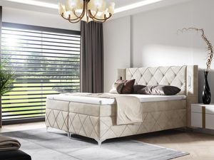 Miniaturka 2 - Łóżko tapicerowane w stylu glamour, jasnobeżowe z przeszyciami