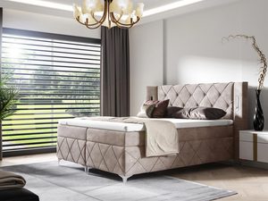 Miniaturka 3 - Łóżko tapicerowane w stylu glamour, beżowe z przeszyciami