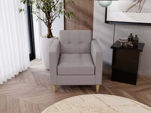 Miniaturka 34 - Jasnoszary fotel w eleganckim wnętrzu z zasłonami i roślinami