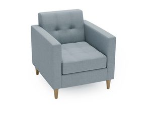 Miniaturka 14 - Niebieski fotel tapicerowany z pikowanym oparciem i drewnianymi nogami