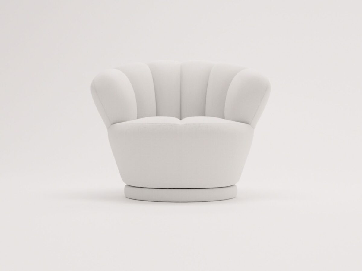 Beżowy fotel z szerokim oparciem i niskim siedziskiem, styl skandynawski Beżowy fotel z szerokim oparciem i niskim siedziskiem, styl skandynawski