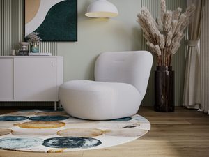 Miniaturka 43 - Jasny fotel tapicerowany do salonu skandynawskiego z okrągłym dywanem
