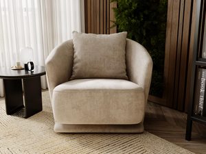 Miniaturka 27 - Welurowy fotel w aranżacji z czarną lampą i białymi zasłonami