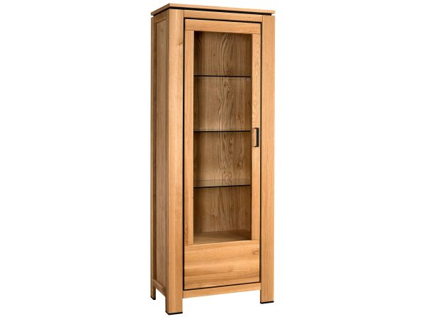 Wąska witryna z drewna dębowego z przeszkleniem i metalowym uchwytem