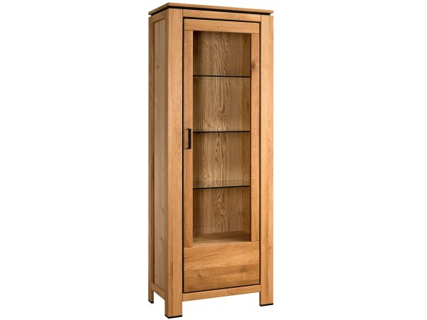 Drewniana witryna z półkami i przeszklonym frontem, styl klasyczny