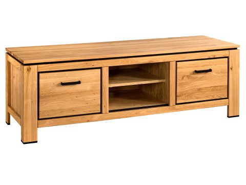 Drewniana szafka pod telewizor z dwiema szufladami i półką