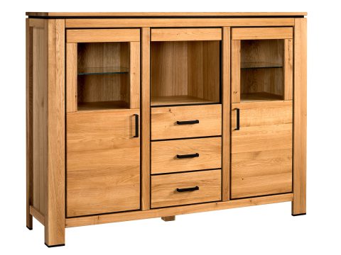 Komoda z litego drewna dębowego z przeszkleniami i trzema szufladami