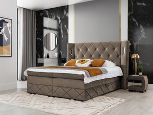 Miniaturka 7 - Jasnobrązowe łóżko tapicerowane z oświetleniem