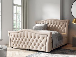 Miniaturka 4 - Łóżko w kolorze piaskowym - model z delikatnym, pikowanym zagłówkiem, ciepły, naturalny odcień, styl boho.