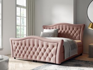 Miniaturka 6 - Łóżko w kolorze różowym - model z miękkim, pikowanym zagłówkiem, delikatny pastelowy odcień, styl glamour.