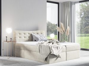 Miniaturka 2 - Luksusowe łóżko tapicerowane w beżowym kolorze z ozdobnymi guzikami