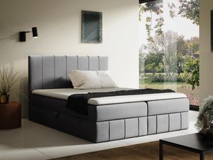 Miniaturka 7 - Łóżko tapicerowane w jasnoszarym kolorze z minimalistycznym zagłówkiem w aranżacji nowoczesnej sypialni