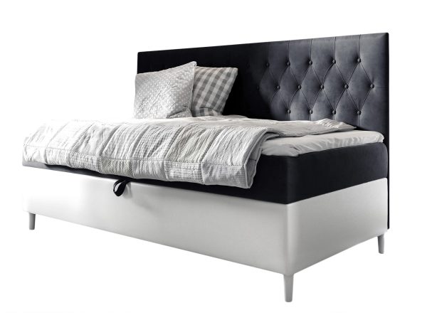 Czarno-białe łóżko jednoosobowe z wysokim pikowanym zagłówkiem