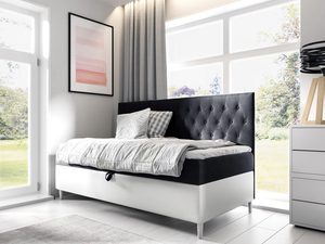 Miniaturka 3 - Czarne łóżko z tapicerowanym zagłówkiem i dekoracyjnymi poduszkami