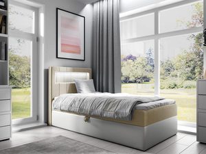 Miniaturka 1 - Jasne łóżko z drewnianą podstawą i pikowanym zagłówkiem