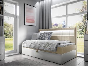 Miniaturka 1 - Nowoczesne łóżko tapicerowane beżowe z pojemnikiem do sypialni