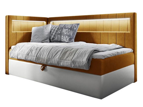 Musztardowe łóżko nowoczesne z oświetleniem LED