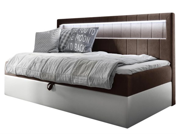 Ciemnobrązowe nowoczesne łóżko młodzieżowe z bocznym zagłówkiem tapicerowanym