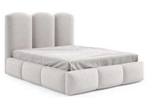 Miniaturka 1 - Beżowe łóżko w stylu japandi, z tekstylnym korpusem i zagłówkiem typu muszla.