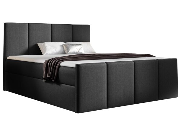Nowoczesne łóżko tapicerowane w czarnym kolorze z wysokim zagłówkiem
