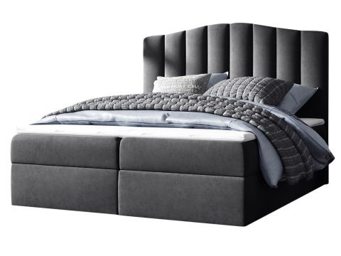 Łóżko tapicerowane w grafitowym kolorze z wysokim zagłówkiem w nowoczesnym stylu na białym tle