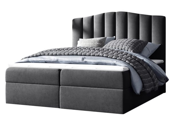 Łóżko tapicerowane w grafitowym kolorze z wysokim zagłówkiem w nowoczesnym stylu na białym tle