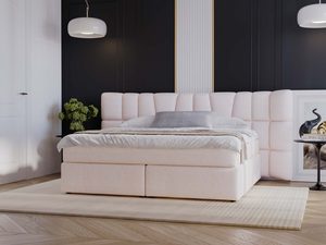 Miniaturka 30 - Pudrowo-różowe łóżko do sypialni w stylu nowoczesnym z tapicerowanym zagłówkiem