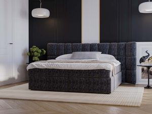 Miniaturka 27 - Ciemnoszare łóżko tapicerowane z szerokim wezgłowiem do sypialni glamour