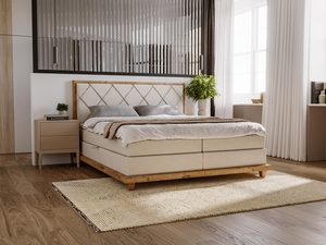 Miniaturka 17 - Łóżko tapicerowane z drewnianą ramą w jasnej sypialni