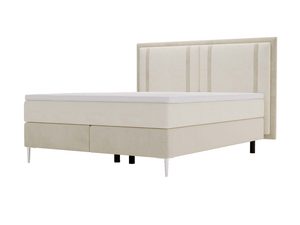 Miniaturka 1 - Łóżko tapicerowane z jasnobeżową ramą i lamelowym zagłówkiem